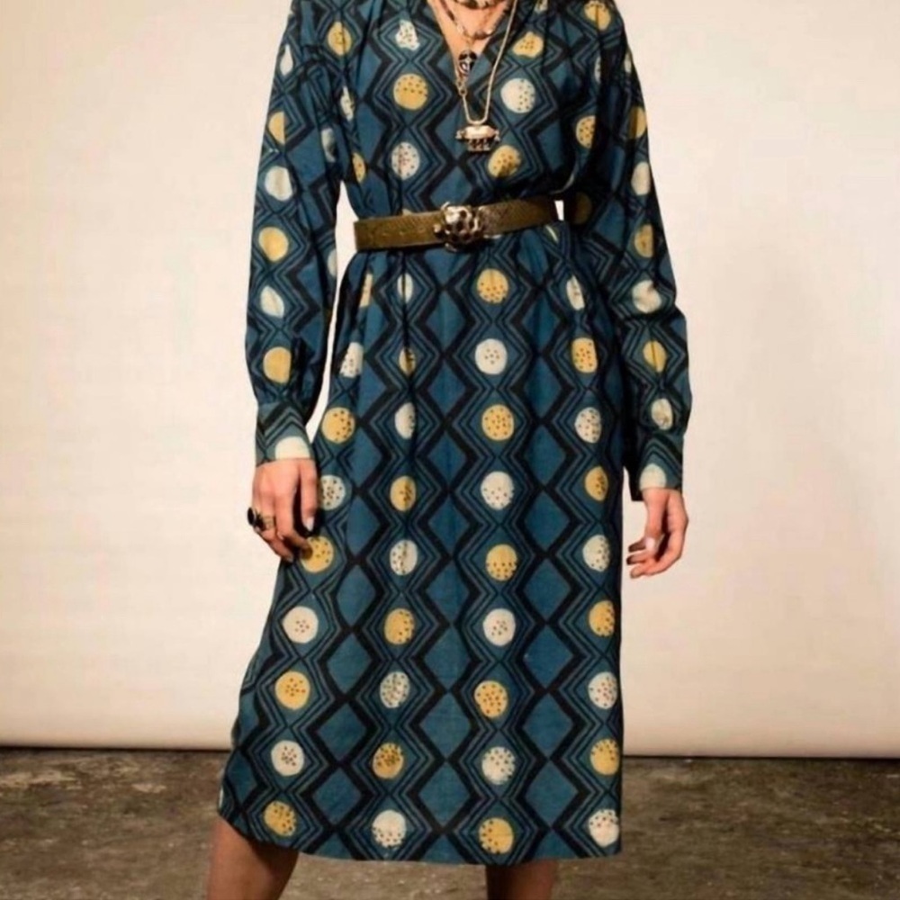 V De Vinster NWOT Karma Midi Dress Blue Beaded 100% Cotton Large Lagenlook - Picture 5 of 10